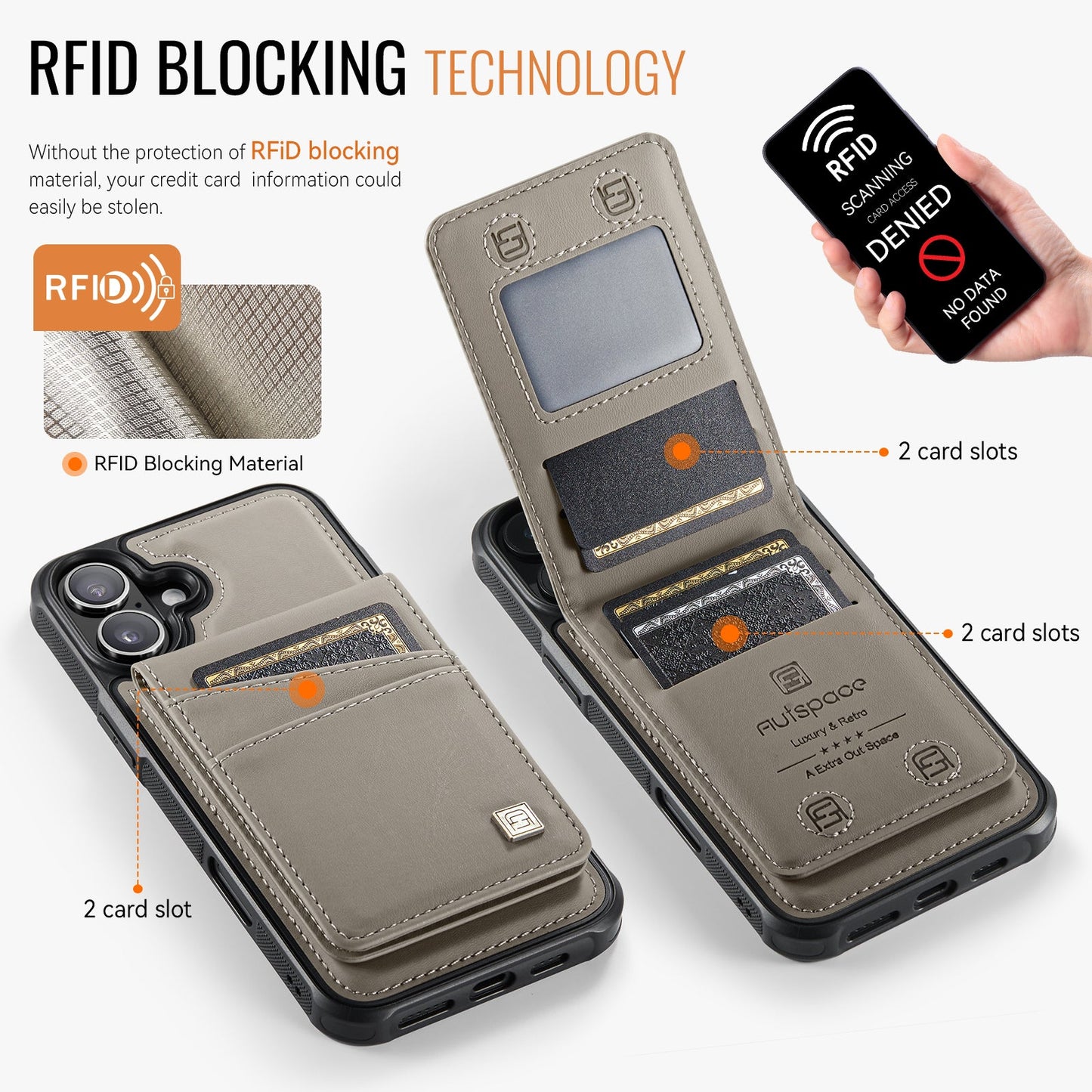 For iPhone 16 Case AUTSPACE A12 Leather Phone Case with Detachable Card Bag - Grey