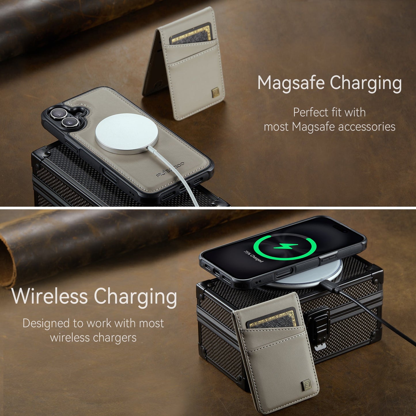 For iPhone 16 Case AUTSPACE A12 Leather Phone Case with Detachable Card Bag - Grey