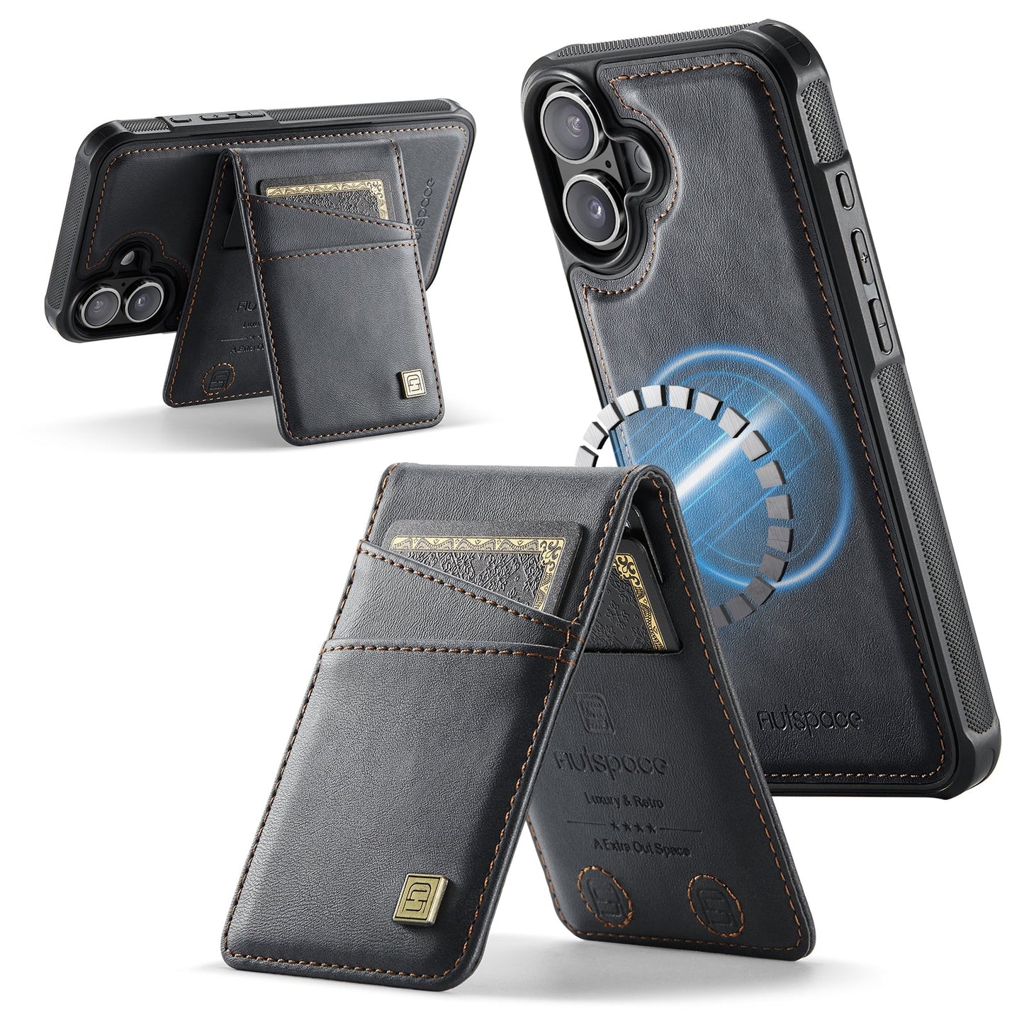 For iPhone 16 Case AUTSPACE A12 Leather Phone Case with Detachable Card Bag - Black