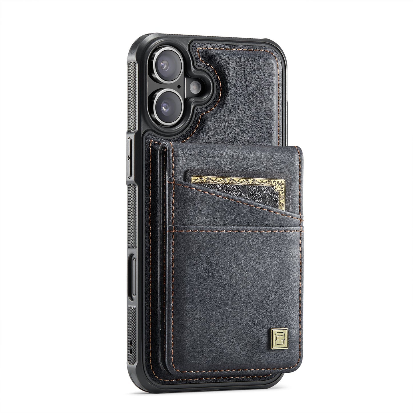 For iPhone 16 Case AUTSPACE A12 Leather Phone Case with Detachable Card Bag - Black