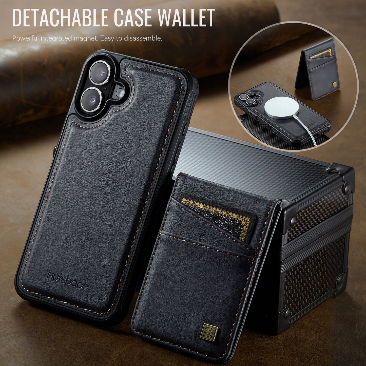 For iPhone 16 Case AUTSPACE A12 Leather Phone Case with Detachable Card Bag - Black
