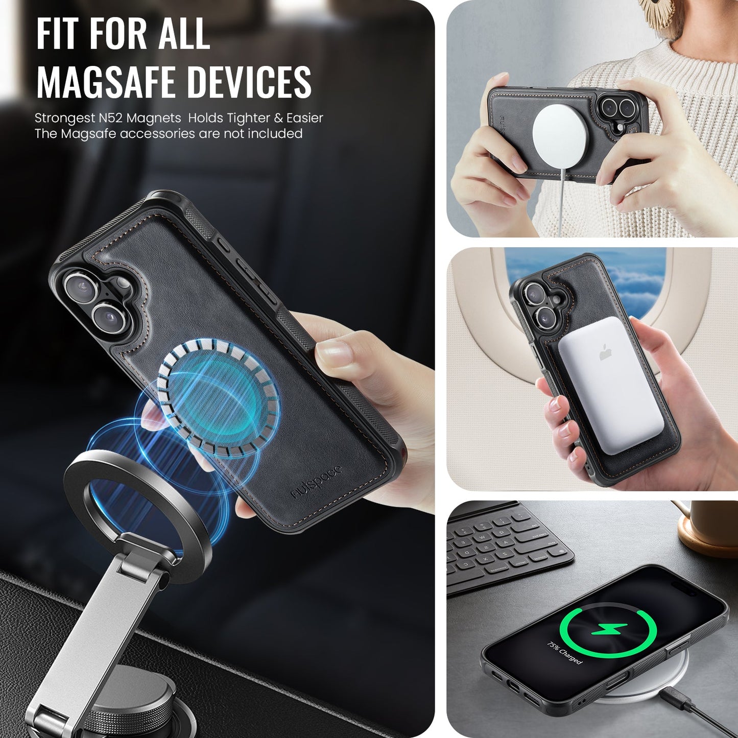 For iPhone 16 Case AUTSPACE A12 Leather Phone Case with Detachable Card Bag - Black