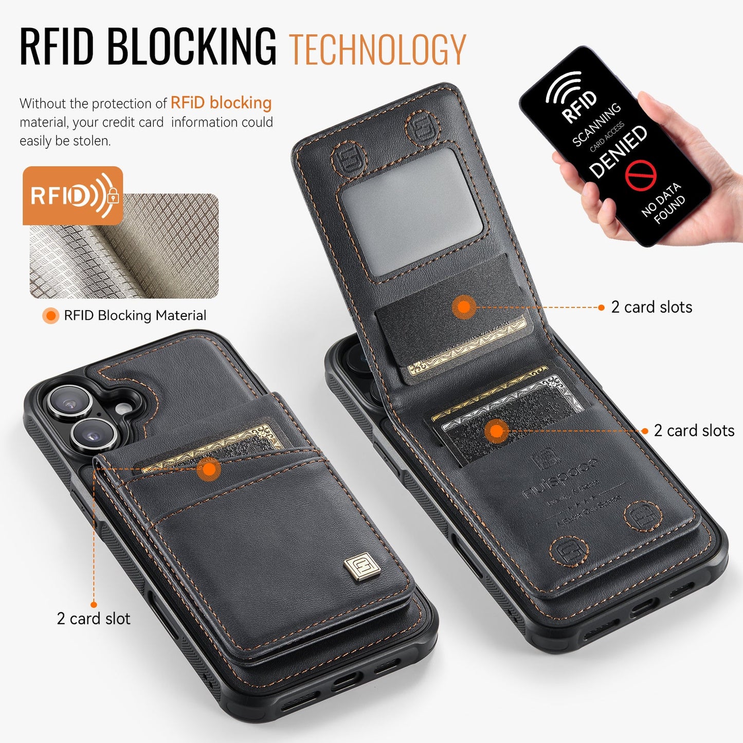 For iPhone 16 Case AUTSPACE A12 Leather Phone Case with Detachable Card Bag - Black