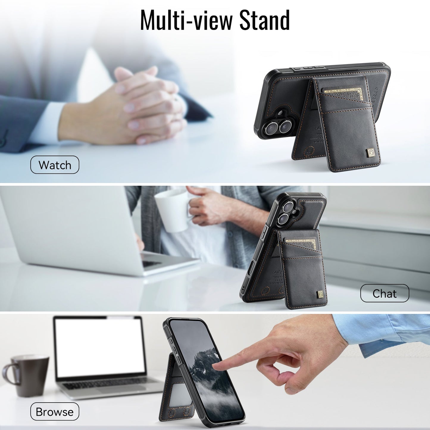 For iPhone 16 Case AUTSPACE A12 Leather Phone Case with Detachable Card Bag - Black