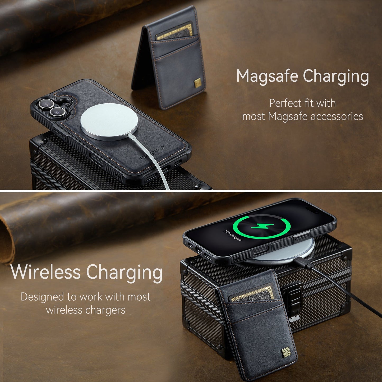 For iPhone 16 Case AUTSPACE A12 Leather Phone Case with Detachable Card Bag - Black