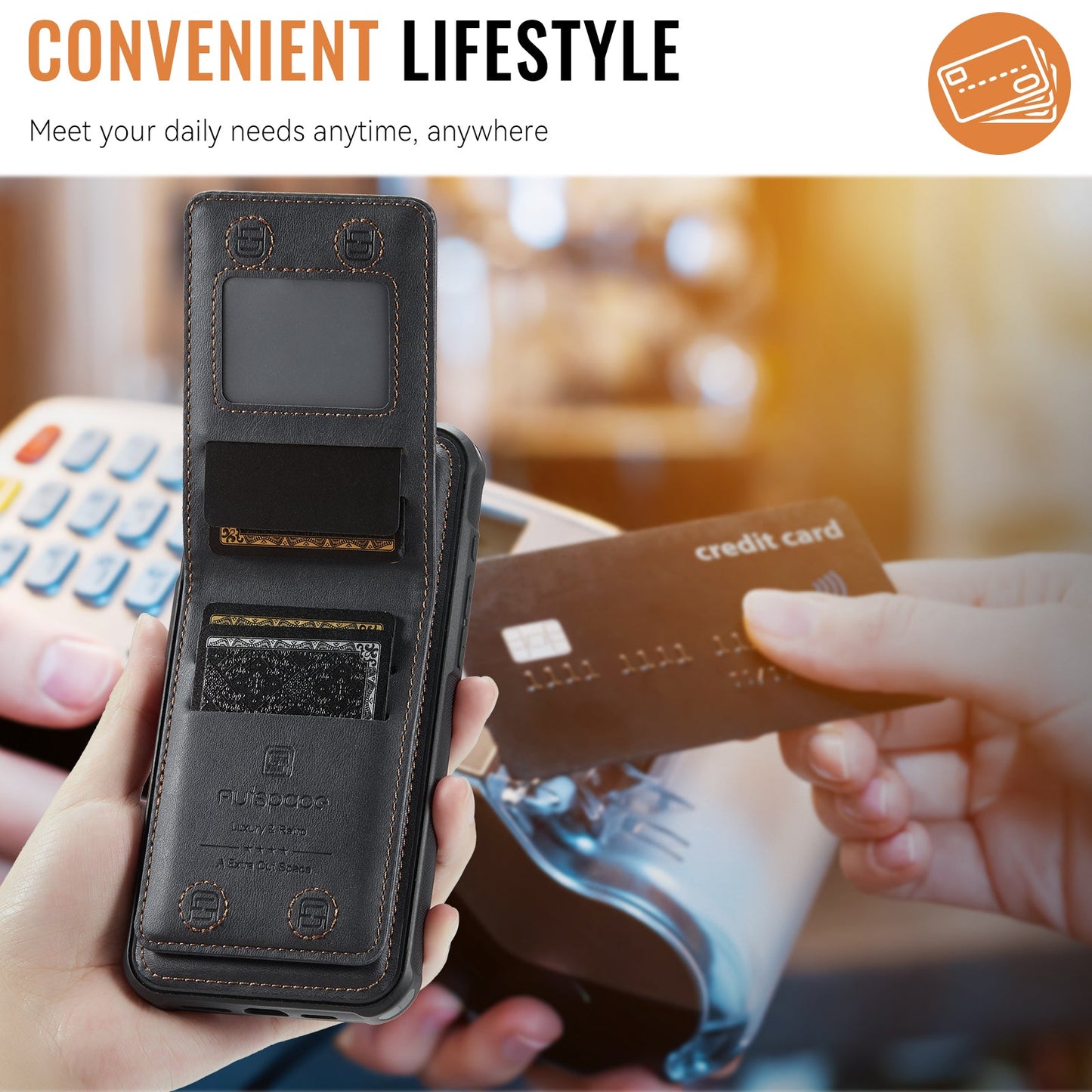 For iPhone 16 Case AUTSPACE A12 Leather Phone Case with Detachable Card Bag - Black