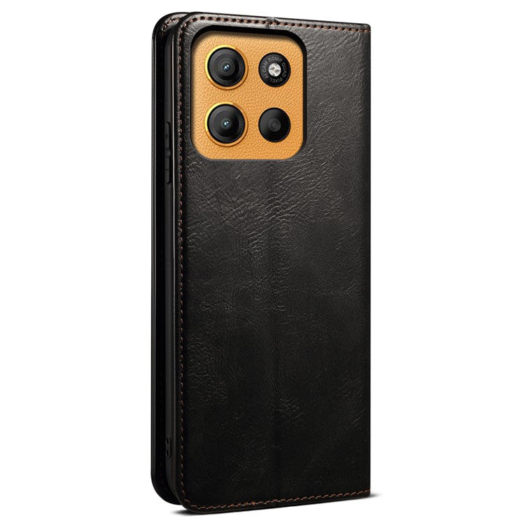 For Motorola Moto G15 4G Case Crazy Horse Texture Waxy Leather Wallet Stand Phone Cover - Black