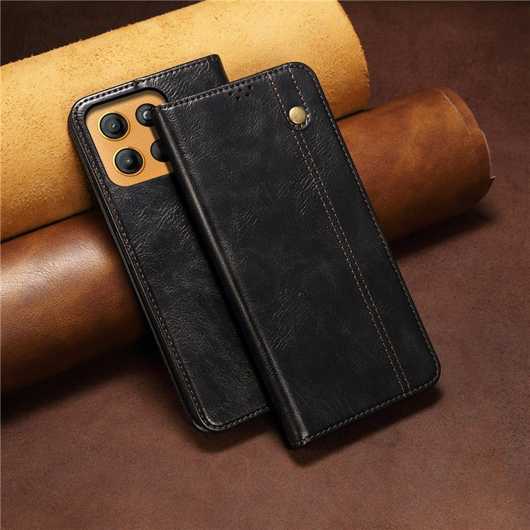 For Motorola Moto G15 4G Case Crazy Horse Texture Waxy Leather Wallet Stand Phone Cover - Black
