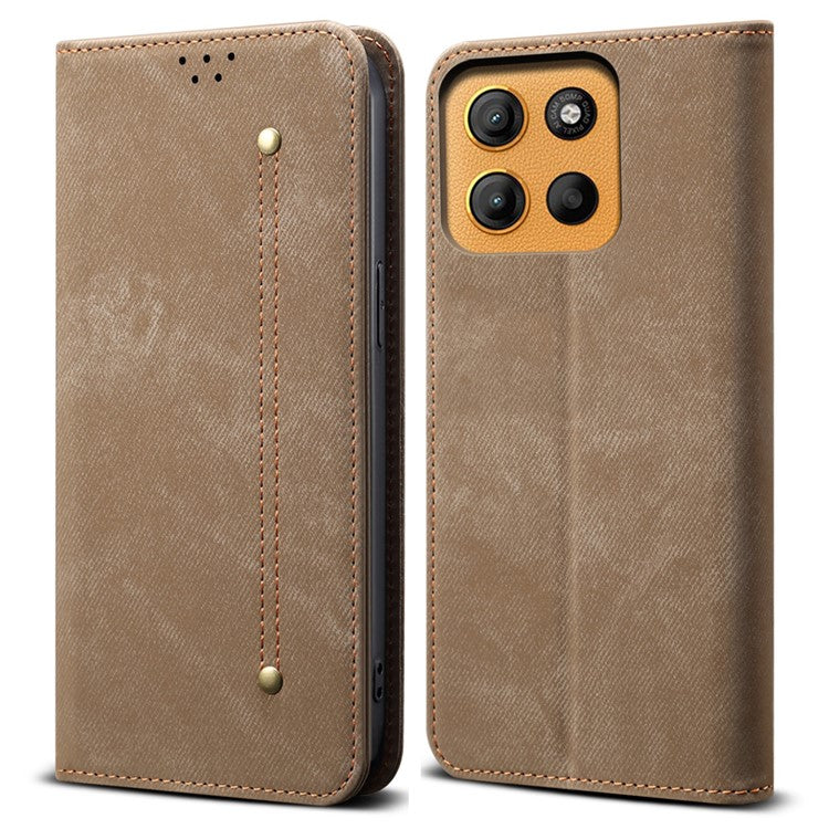 For Motorola Moto G15 4G Case Jeans Cloth Texture Anti-Scratch Leather Stand Phone Cover - Khaki