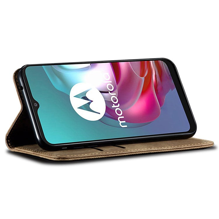 For Motorola Moto G15 4G Case Jeans Cloth Texture Anti-Scratch Leather Stand Phone Cover - Khaki