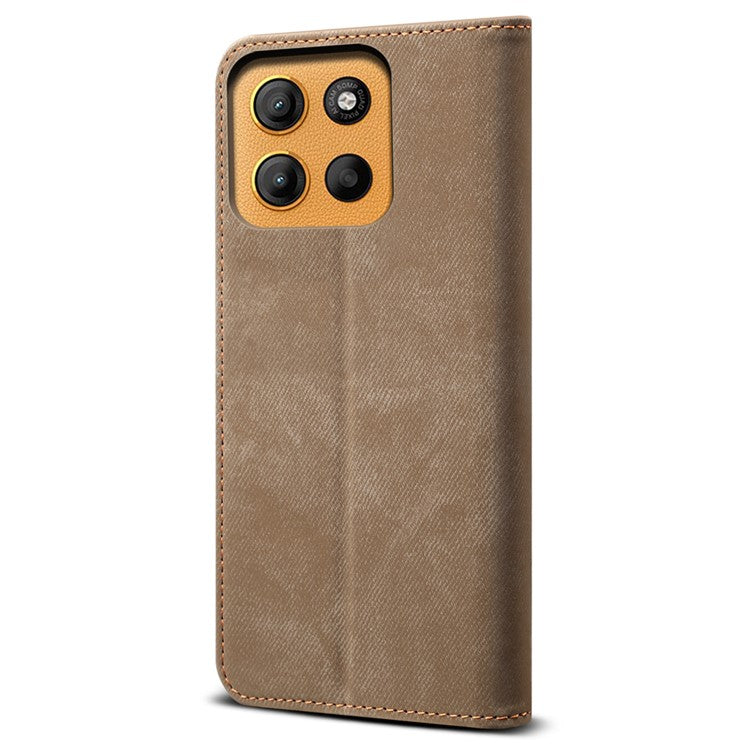 For Motorola Moto G15 4G Case Jeans Cloth Texture Anti-Scratch Leather Stand Phone Cover - Khaki