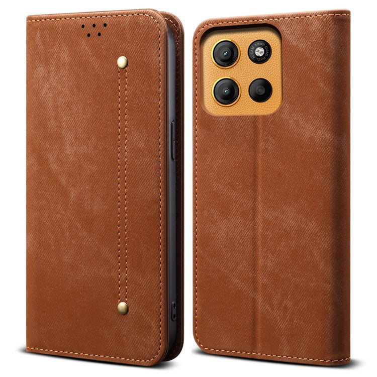 For Motorola Moto G15 4G Case Jeans Cloth Texture Anti-Scratch Leather Stand Phone Cover - Coffee
