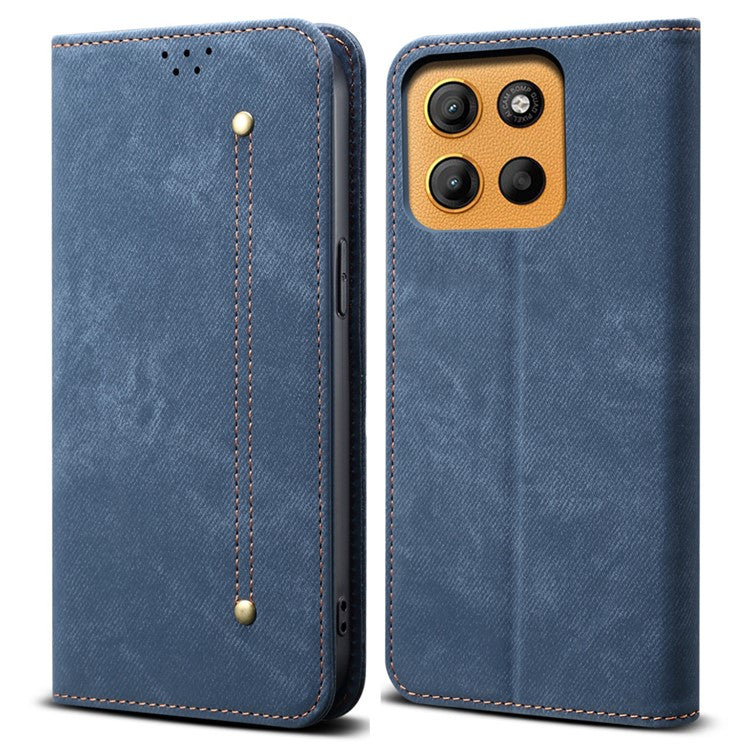 For Motorola Moto G15 4G Case Jeans Cloth Texture Anti-Scratch Leather Stand Phone Cover - Blue