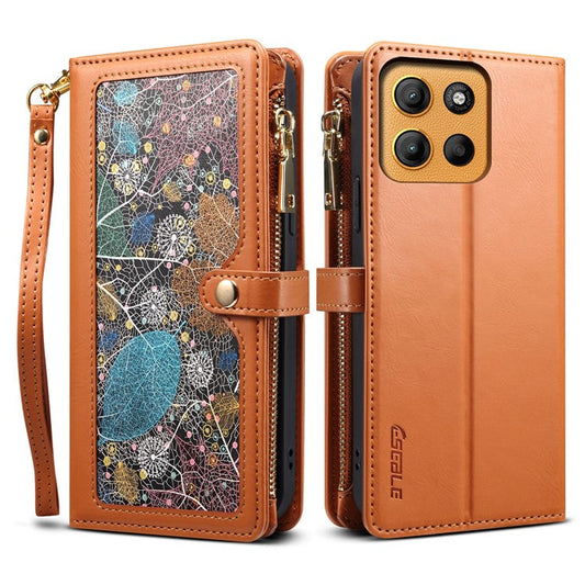 ESEBLE Galaxy Series For Motorola Moto G15 4G Case Leather Zipper Phone Cover RFID Blocking - Brown