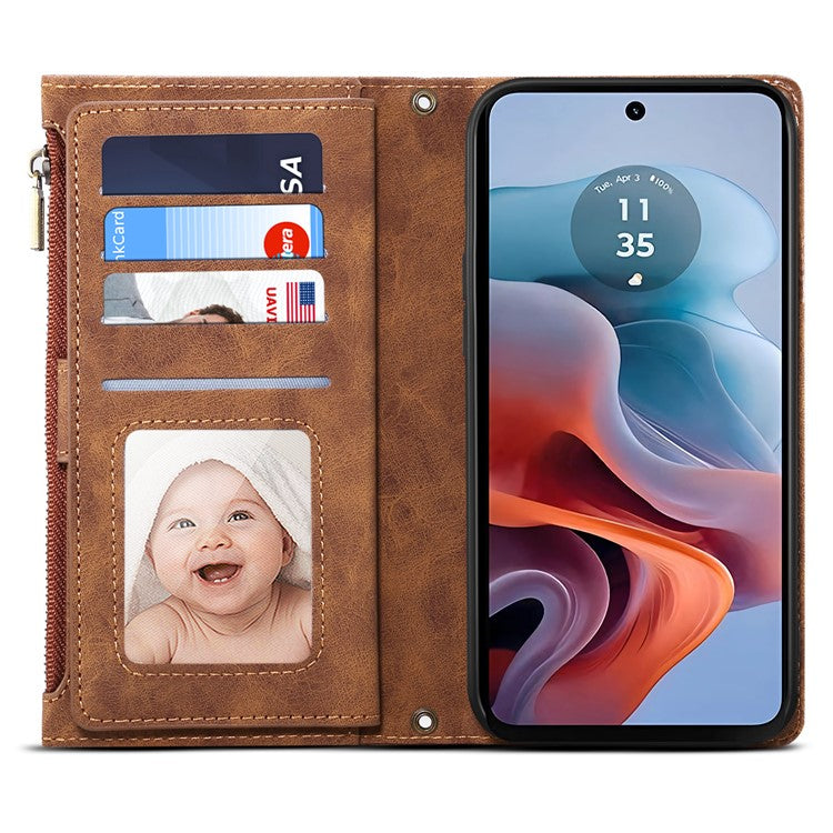 ESEBLE Star Series For Motorola Moto G15 4G Case Zipper Wallet Leather Stand Phone Cover - Brown