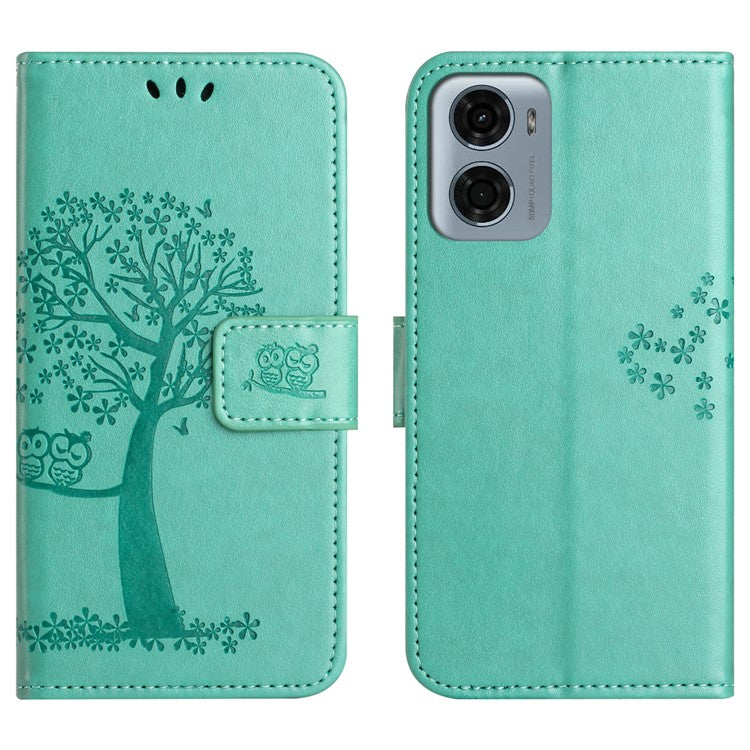 For Motorola Moto E15 4G / G05 4G Case PU Leather Owl Tree Imprinted Wallet Phone Cover - Cyan