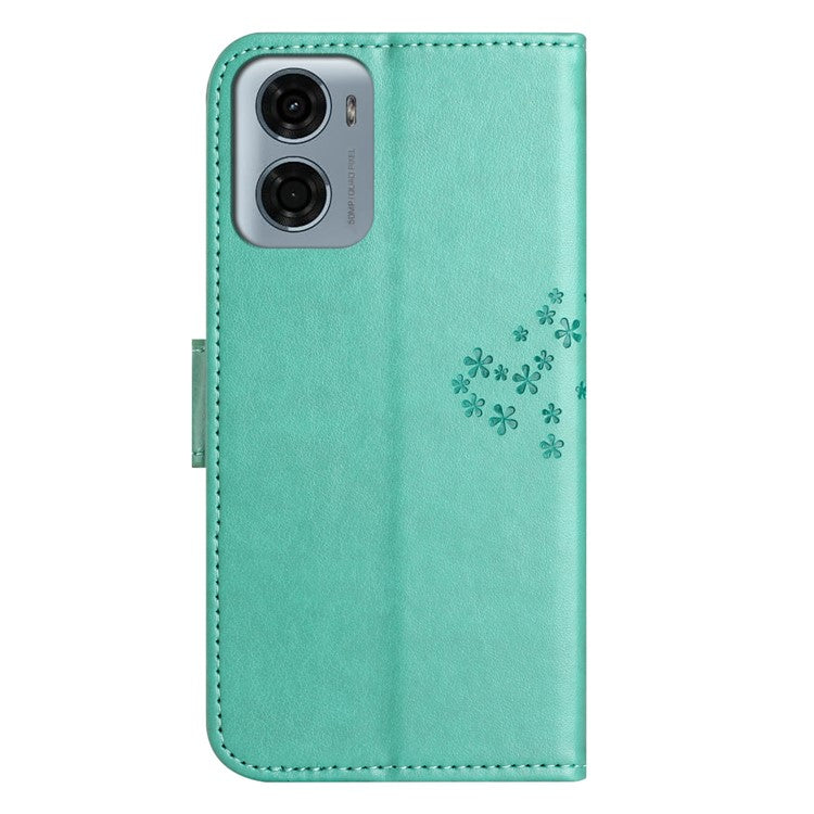 For Motorola Moto E15 4G / G05 4G Case PU Leather Owl Tree Imprinted Wallet Phone Cover - Cyan