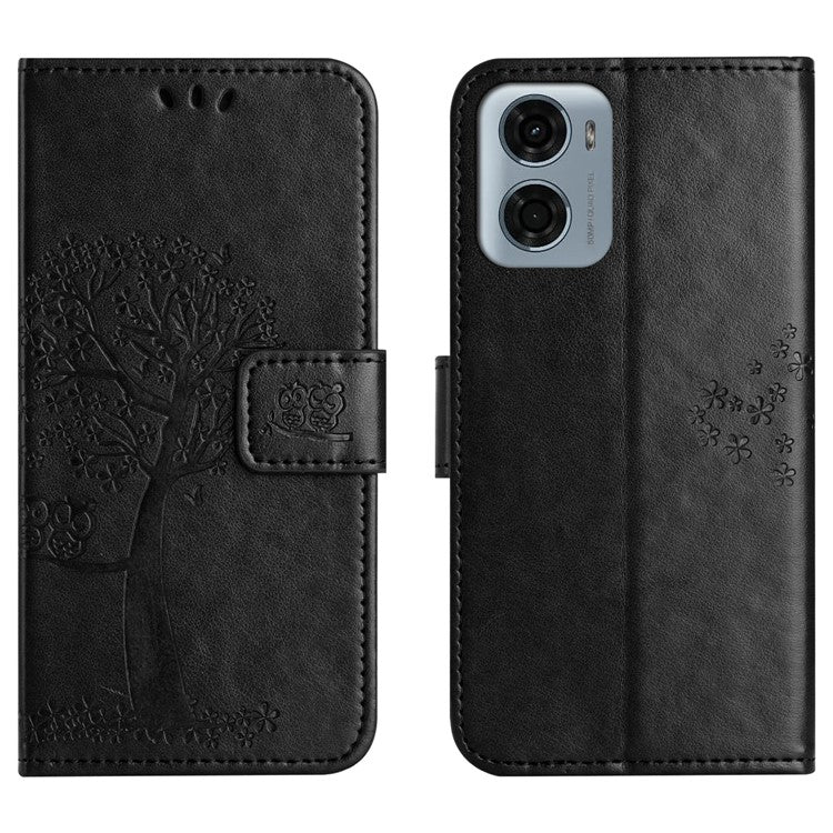 For Motorola Moto E15 4G / G05 4G Case PU Leather Owl Tree Imprinted Wallet Phone Cover - Black