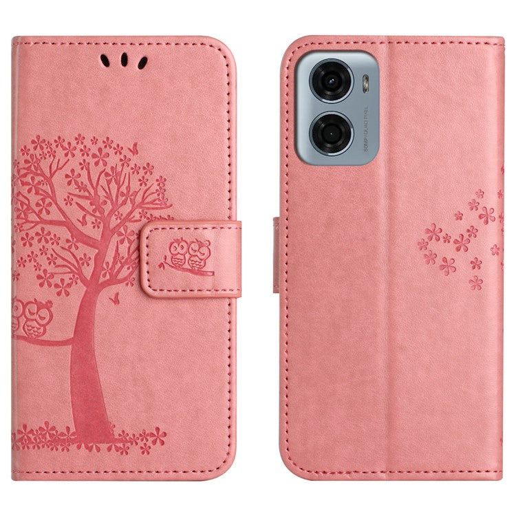 For Motorola Moto E15 4G / G05 4G Case PU Leather Owl Tree Imprinted Wallet Phone Cover - Pink