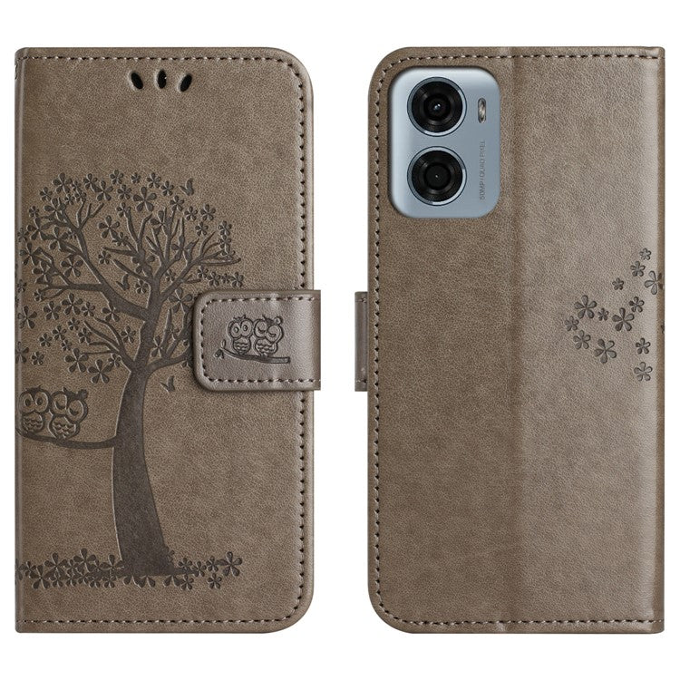 For Motorola Moto E15 4G / G05 4G Case PU Leather Owl Tree Imprinted Wallet Phone Cover - Grey
