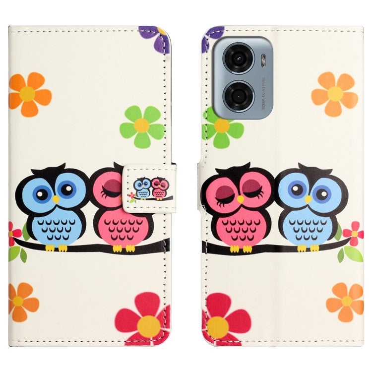 For Motorola Moto E15 4G / G05 4G Case Pattern Print PU Leather Wallet Phone Cover - Couple Owls