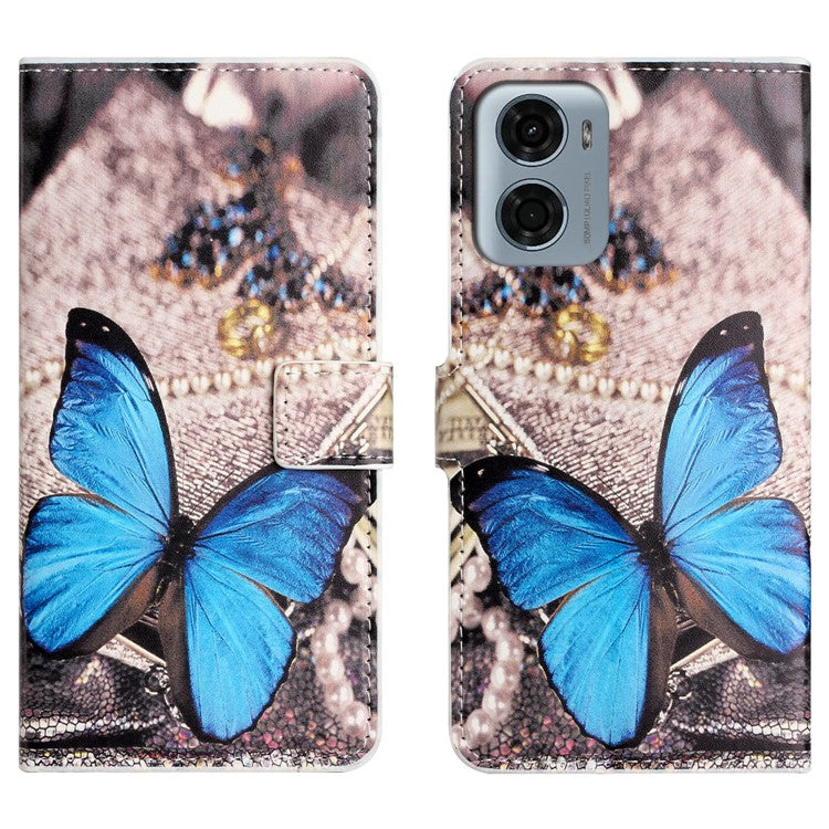 For Motorola Moto E15 4G / G05 4G Case Pattern Print PU Leather Wallet Phone Cover - Blue Butterfly