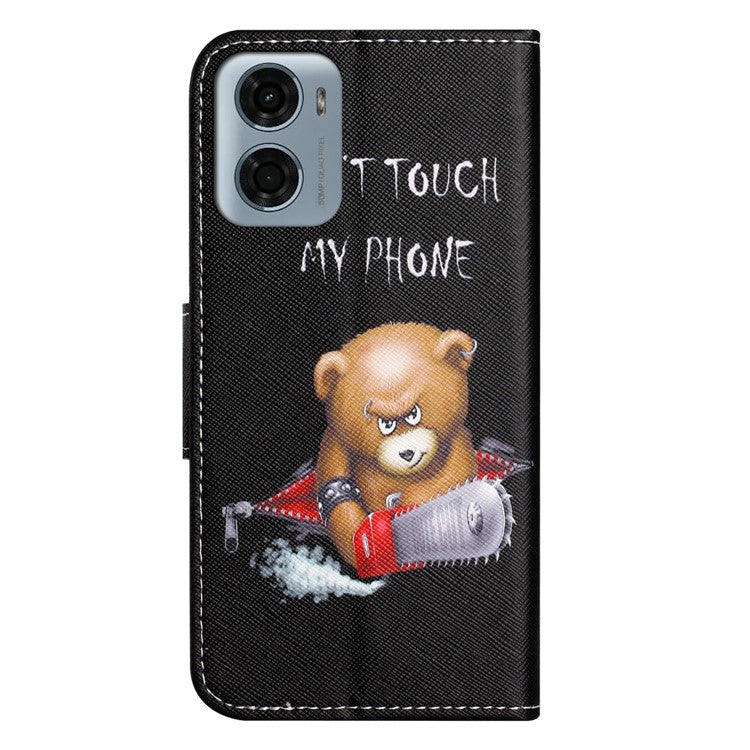 For Motorola Moto E15 4G / G05 4G Leather Case Pattern Printing Cross Texture Phone Cover - Bear