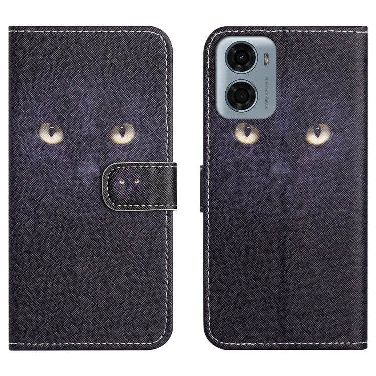 For Motorola Moto E15 4G / G05 4G Case Pattern Print PU Leather Wallet Phone Cover Cross Texture - Cat's Eye