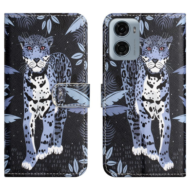 For Motorola Moto E15 4G / G05 4G Case Pattern Print PU Leather Wallet Phone Cover Cross Texture - Leopard