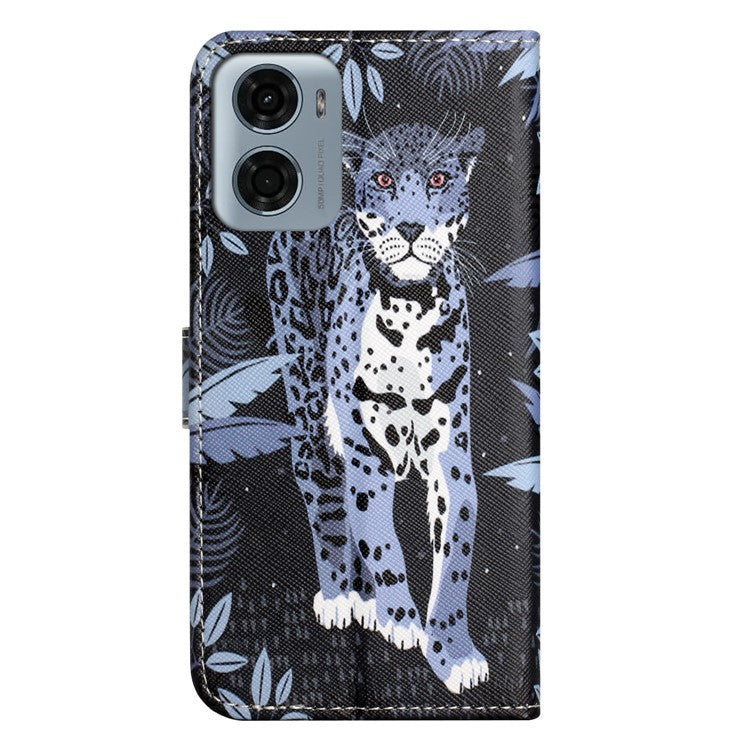 For Motorola Moto E15 4G / G05 4G Case Pattern Print PU Leather Wallet Phone Cover Cross Texture - Leopard