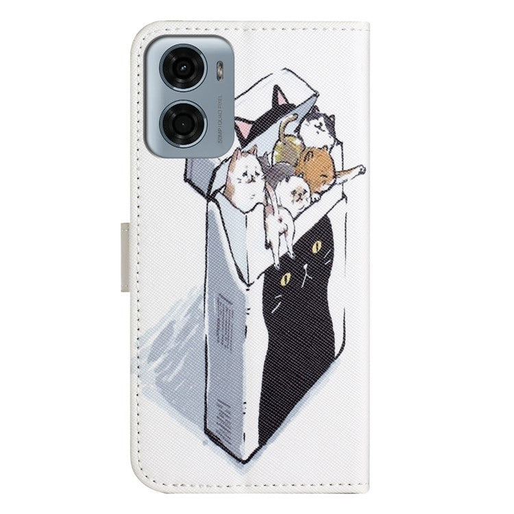 For Motorola Moto E15 4G / G05 4G Case Pattern Print PU Leather Wallet Phone Cover Cross Texture - Cats