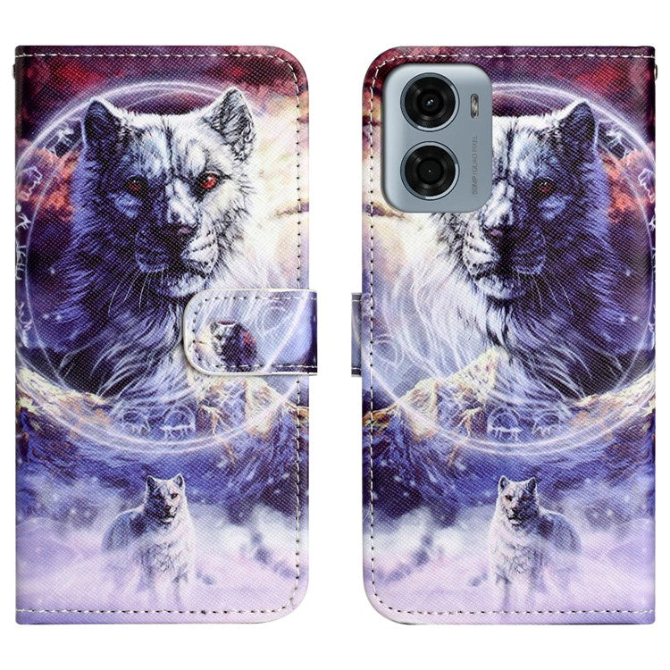 For Motorola Moto E15 4G / G05 4G Case Pattern Print PU Leather Wallet Phone Cover Cross Texture - Snow Wolf