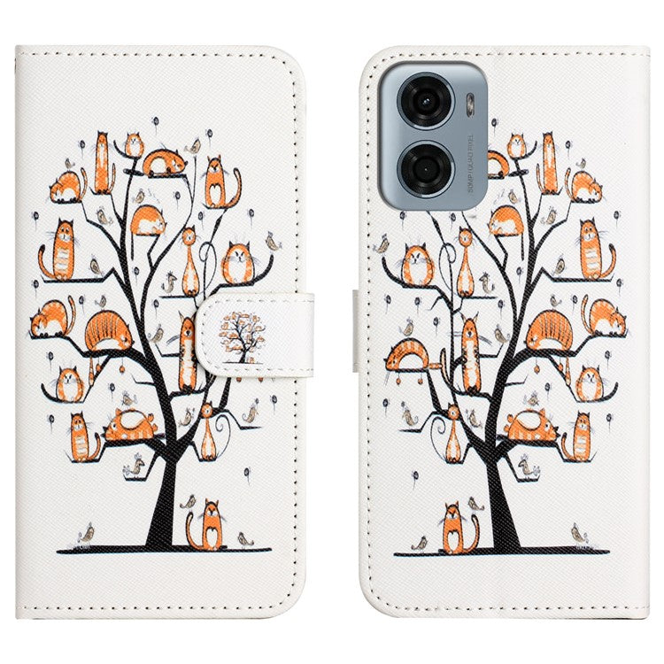 For Motorola Moto E15 4G / G05 4G Case Pattern Print PU Leather Wallet Phone Cover Cross Texture - Cat and Tree