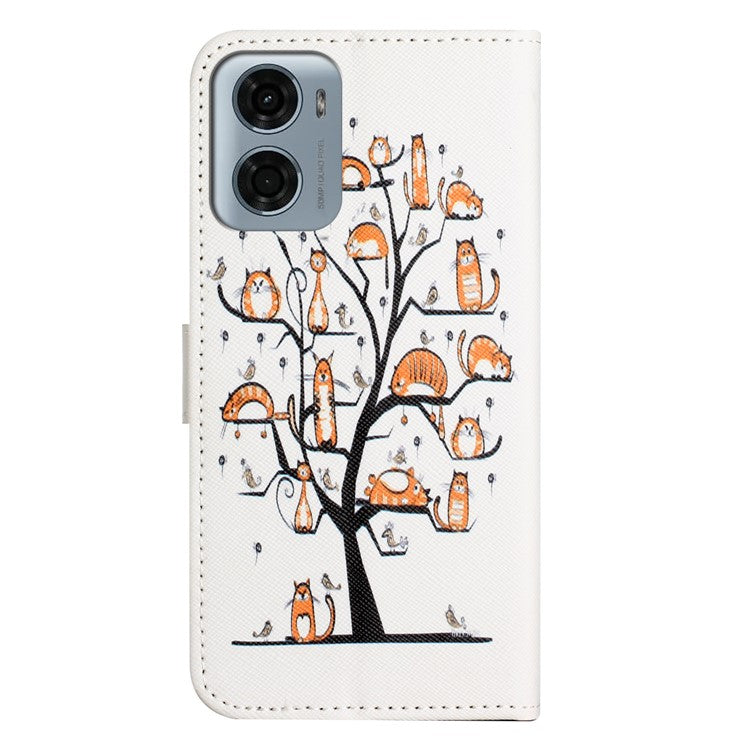 For Motorola Moto E15 4G / G05 4G Case Pattern Print PU Leather Wallet Phone Cover Cross Texture - Cat and Tree