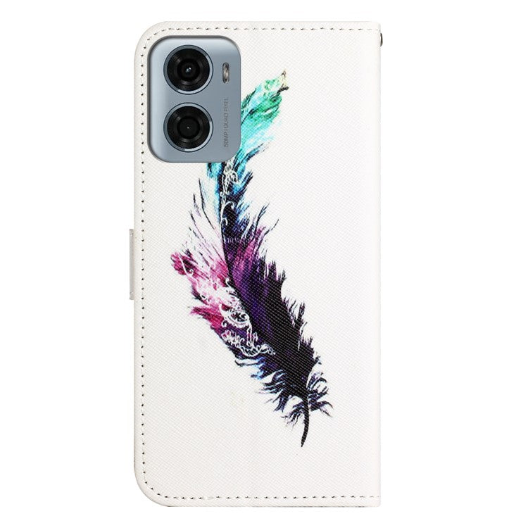 For Motorola Moto E15 4G / G05 4G Case Pattern Print PU Leather Wallet Phone Cover Cross Texture - Feather