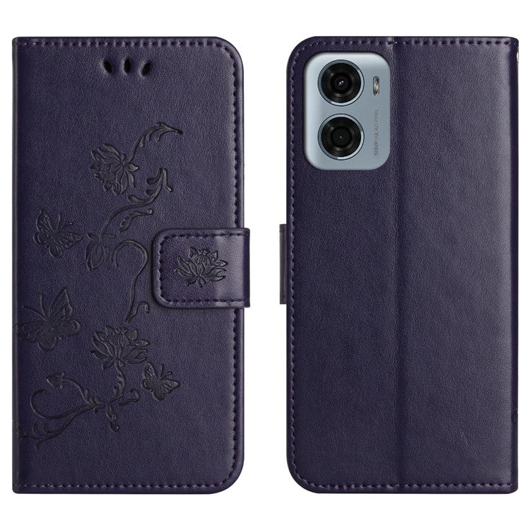 For Motorola Moto E15 4G / G05 4G Case Wallet Stand Imprinted Butterfly Flower PU Leather Phone Cover - Dark Blue