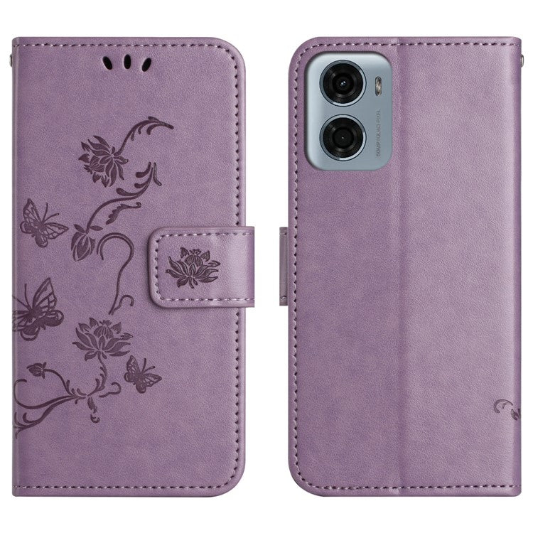 For Motorola Moto E15 4G / G05 4G Case Wallet Stand Imprinted Butterfly Flower PU Leather Phone Cover - Purple