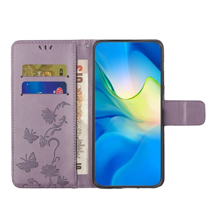 For Motorola Moto E15 4G / G05 4G Case Wallet Stand Imprinted Butterfly Flower PU Leather Phone Cover - Purple