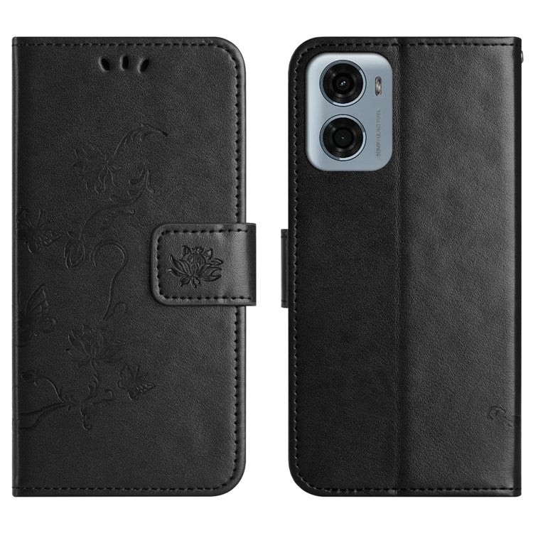 For Motorola Moto E15 4G / G05 4G Case Wallet Stand Imprinted Butterfly Flower PU Leather Phone Cover - Black