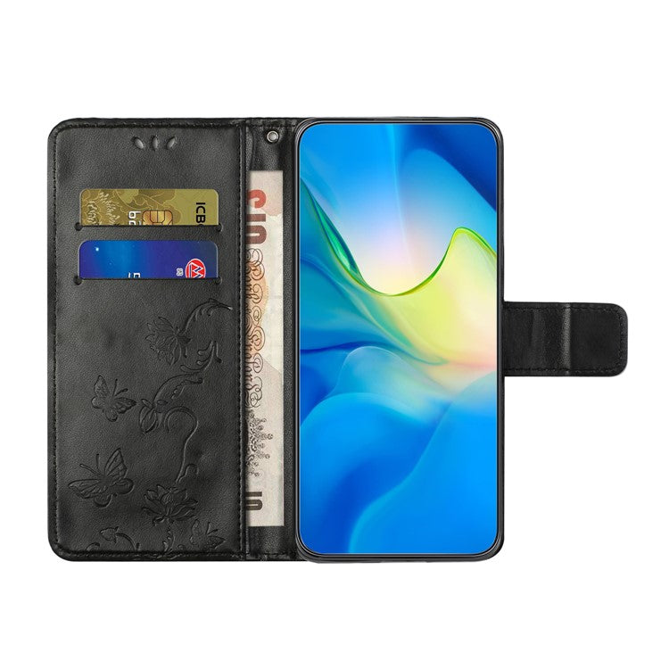 For Motorola Moto E15 4G / G05 4G Case Wallet Stand Imprinted Butterfly Flower PU Leather Phone Cover - Black