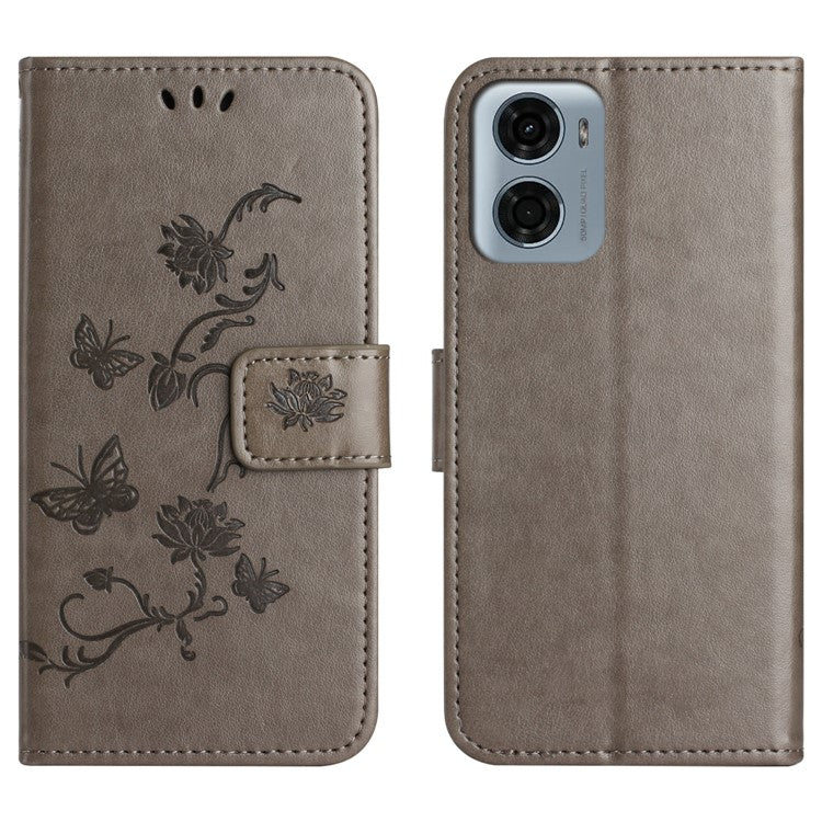 For Motorola Moto E15 4G / G05 4G Case Wallet Stand Imprinted Butterfly Flower PU Leather Phone Cover - Grey