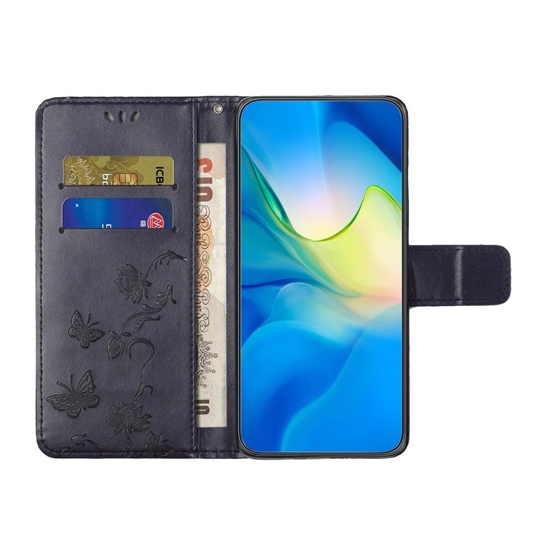 For Motorola Moto G15 4G / G15 Power 4G Case Wallet Stand Imprinted Butterfly Flower PU Leather Phone Cover - Dark Blue