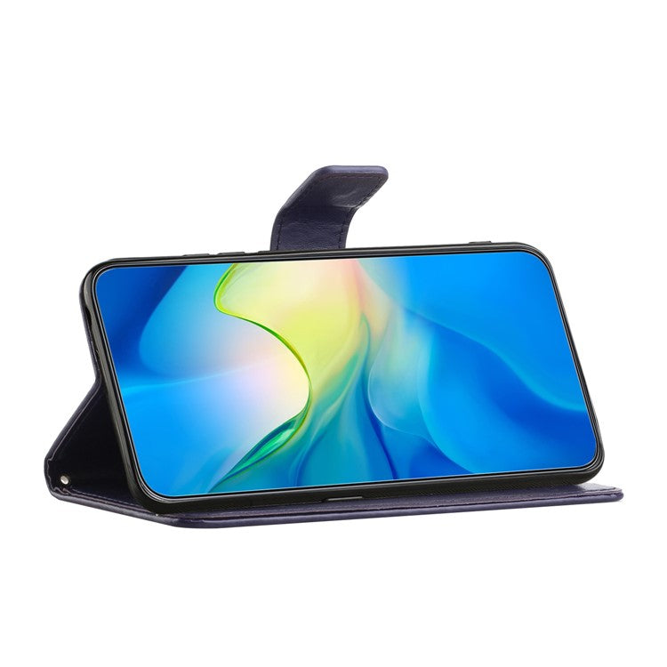 For Motorola Moto G15 4G / G15 Power 4G Case Wallet Stand Imprinted Butterfly Flower PU Leather Phone Cover - Dark Blue