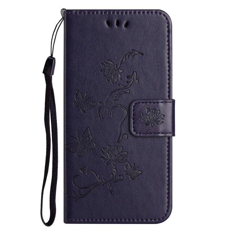 For Motorola Moto G15 4G / G15 Power 4G Case Wallet Stand Imprinted Butterfly Flower PU Leather Phone Cover - Dark Blue