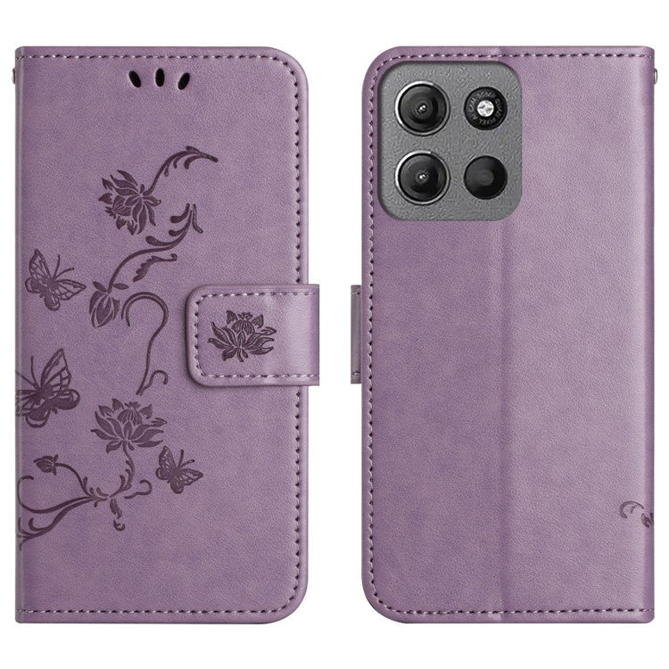 For Motorola Moto G15 4G / G15 Power 4G Case Wallet Stand Imprinted Butterfly Flower PU Leather Phone Cover - Purple