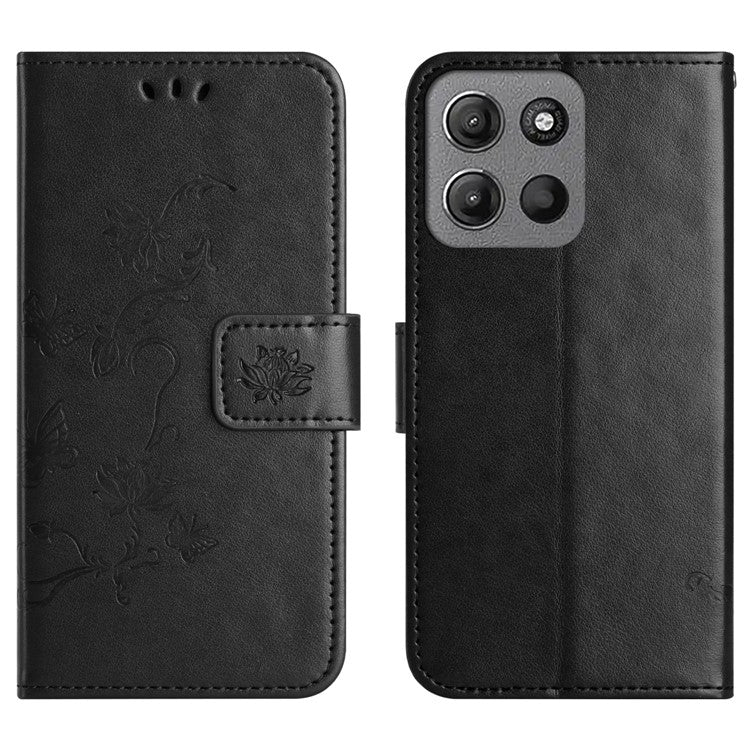 For Motorola Moto G15 4G / G15 Power 4G Case Wallet Stand Imprinted Butterfly Flower PU Leather Phone Cover - Black