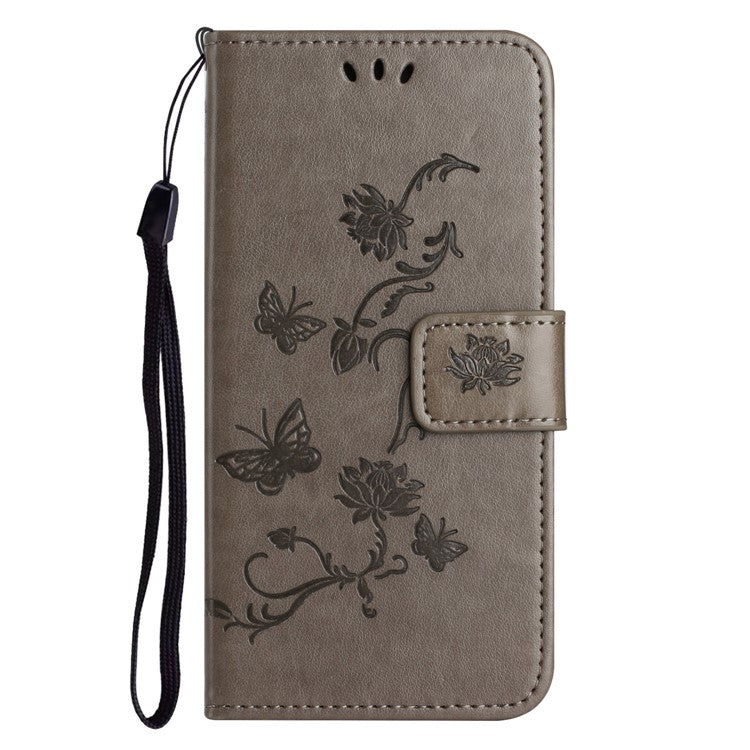 For Motorola Moto G15 4G / G15 Power 4G Case Wallet Stand Imprinted Butterfly Flower PU Leather Phone Cover - Grey