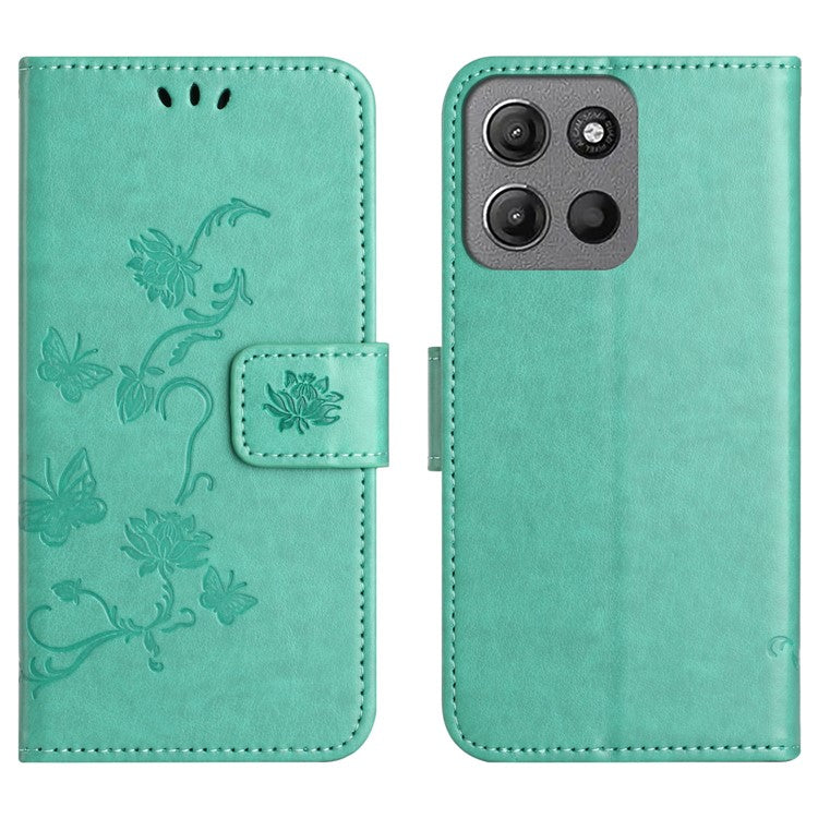 For Motorola Moto G15 4G / G15 Power 4G Case Wallet Stand Imprinted Butterfly Flower PU Leather Phone Cover - Cyan