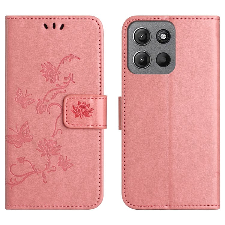 For Motorola Moto G15 4G / G15 Power 4G Case Wallet Stand Imprinted Butterfly Flower PU Leather Phone Cover - Pink