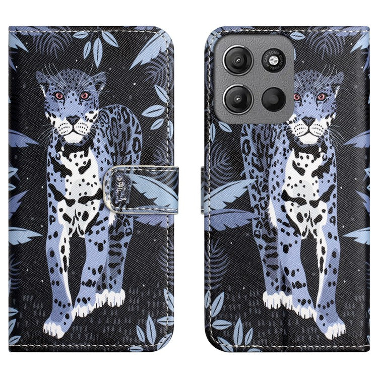 For Motorola Moto G15 4G / G15 Power 4G Case Pattern Print PU Leather Wallet Phone Cover Cross Texture - Leopard